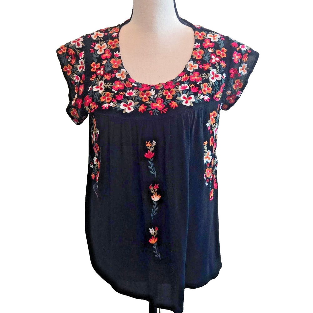 Savannah Jane Boho Peasant Hippie Mexican shirt black embroidered flowers M - Picture 6 of 13